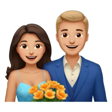 Couple  laughing traveling russian man and elegant  Latina girl delicate flowers and mountains in the background  sticker