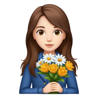cool girl with long brown hair and fair skin holding a bouquet of flowers, trendy sticker
