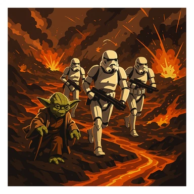 vector art of a Starwars stormtroopers is walking on lava planet with yoda, battleground background 
 sticker