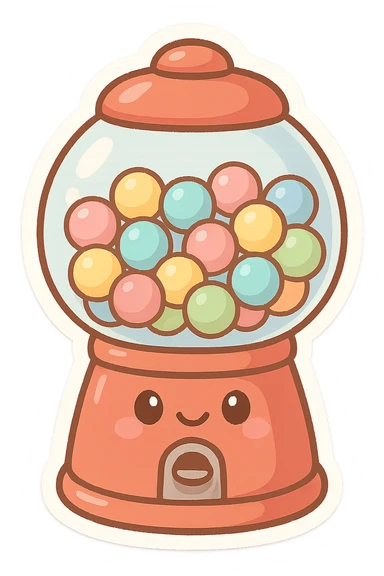 chibi sticker-style bubble gum machine with a smiling face, cute and exaggerated sticker