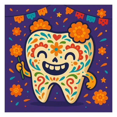 funny and cheerful molar tooth celebrating Día de Muertos in Mexico, decorated as sugar skull, bright colors, cempasúchil flowers, festive cartoon style sticker
