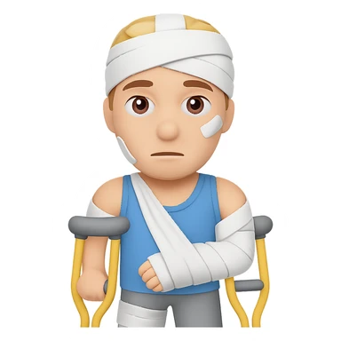 Add crutches and show more bandages on the injured man in the style of apple emojis. Keep the emoji style with no background. sticker