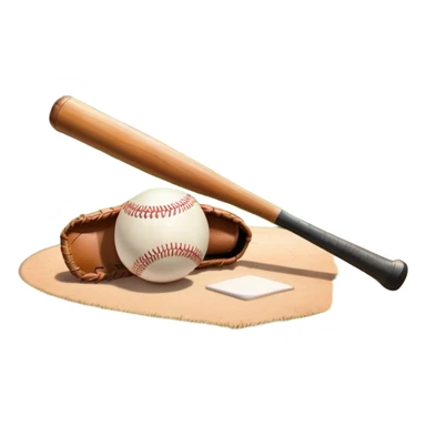 A baseball bat, ball, and glove resting on the ground, set against the backdrop of a baseball field. The scene captures the iconic equipment of the sport, with the field in the distance and a bright sky above, evoking the spirit of the game. sticker