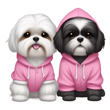 one very cute black and white  shih tzu girl and one white  girl maltaise dog wear a pink hoodie with hearts sticker