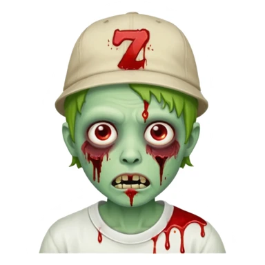 green zombie with blood on lower eyelid, wearing LA hat, white shirt, blood on mouth sticker