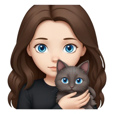 Girl with blue eyes and long brown hair and black shirt, holding a medium fluffy grey cat with folded ears sticker