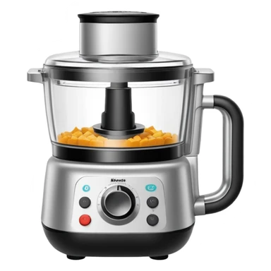 the Monsieur Cuisine food processor from Lidl. The robot should have a friendly face on its display screen, small round buttons, and a modern silver and black body. Add subtle details like steam or ingredients around it to suggest cooking, but keep the design simple and compact like a typical emoji. sticker