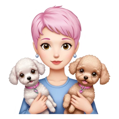 short pixie bangs platinated woman pink hair no bang，fair-skinned ,holding two poodles sticker