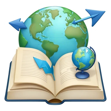 Create an emoji representing language translation. The design should feature an open book or a document with text in multiple languages (e.g., English, Spanish, Chinese), and a translation icon (such as an arrow between two languages) to symbolize the process of converting text. Include elements like a globe or a speech bubble to represent global communication. Use clear, simple lines and a color palette with blues, greens, and subtle neutral tones to convey the idea of clarity and understanding. Make the background transparent. sticker