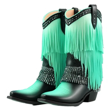 Realistic pastel mint green to black ombre pair of fashion cowgirl boots with sparkly shiny glitter fringe on them. sticker