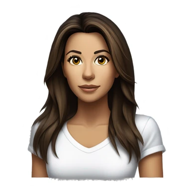 3/4 face, contrasted, shadow, light, Eva Longoria expression, standing, thin nose, brunette woman, hazel eyes, long eyelashes, dark shoulder shaded hair, white t-shirt, jeans, white sneakers sticker