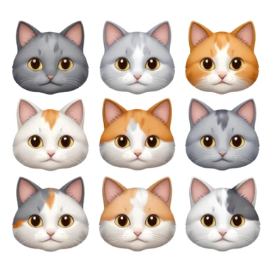 6 realistic looking cats with different natural coloured coats, assorted grey and white, greys, calico, brown and white colours etc
 sticker
