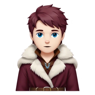 Medieval winter outfit worn by a DnD themed fantasy male character. Thick burgundy wool tunic with arctic fox fur lining, adorned with bronze clasps and a sturdy woven leather belt. Clothes only above the waist, full waist coverage. The character has no arms. Character is white-skinned with mahogany hair, stormy blue eyes, and short layered hair windswept with winter chill sticker