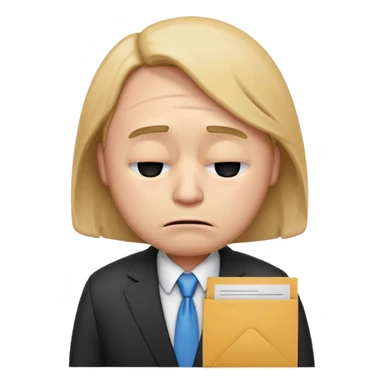 unisex emoji character wearing a suit. face has a very sad crying, disappointed expression with drooping eyebrows and half-closed eyes. posture is dejected, with slumped shoulders just rejected from his interview to get a job, holding cv. sticker