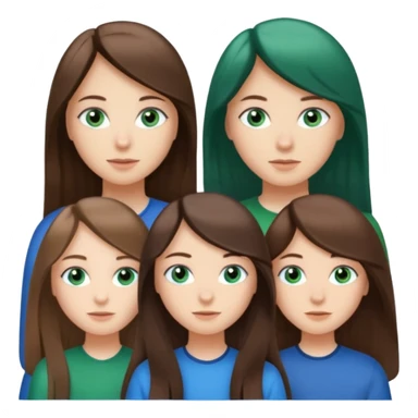 Three people total: Two girls brunette one with straight long hair and blue eyes one with curled hair middle length and green eyes and the other a boy lighter brown with blue eyes  sticker