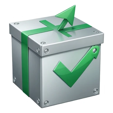 closed box with a circular arrow and green checkmark icon above the box, upper right sticker