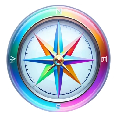 A glowing holographic compass with vibrant neon rainbow colors inside a crystal-clear sphere sticker