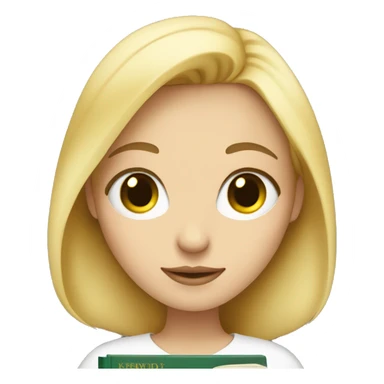 White skinned girl with green eyes and golden hair holding a book sticker