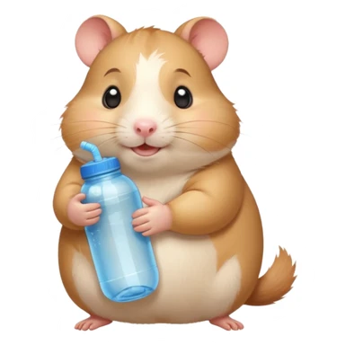 Cute chubby cartoon-style hamster hugging an oversized water bottle, sipping with tiny straw, happy expression. Painterly shading, expressive eyes, white background, sticker-style illustration sticker