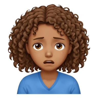 young curly hair girl, brown hair, with a blue shirt, in despair crying sticker