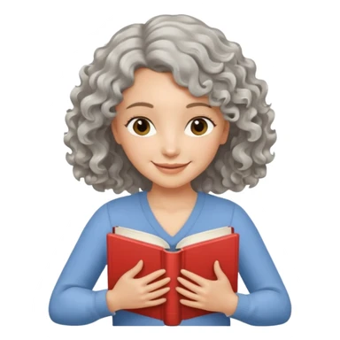 Silver hair, wavy/curly hair chin-length lady giving hug with 2 arms,  v-neck and smiling, add a favorite book sticker