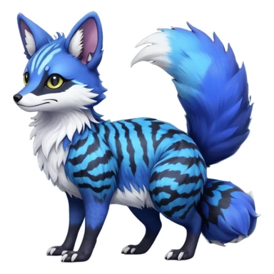 Feral hyper-realistic chubby floofy fluffy puffy furry Rare Fantasy vibrant dark shady shaded detailed deep-dark-cobalt-blue-gradients-colored colorful Vernid-Sergal-Genet-Trico-Fox-species by LiLaiRa, with dark-blackish points, white belly, random markings, tufted tail, tufted ears, full body sticker