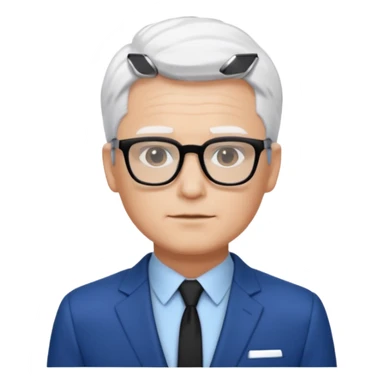 Man wearing black glasses, short white hair, blue suit sticker
