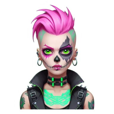 Cyberpunk female punk, pink mohawk, skull face tattoos, bionic neck, aggressive expression, neon green lighting sticker