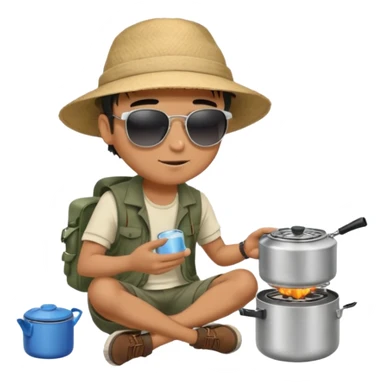 A man camper boiling water on a portable stove, enjoying the outdoor breeze sitting on the ground
 sticker
