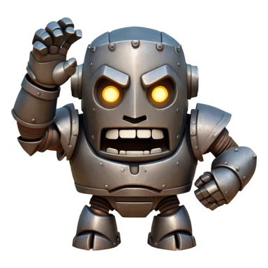 Cinematic Comical Mighty Iron Golem Portrait Emoji Head tilted dramatically with an exaggeratedly amused expression, featuring a bulky, armored form with a slightly lopsided stance, ancient runes flickering erratically, and one massive, jointed hand raised in a slow, deliberate wave. Wide, expressive glowing eyes give it an almost humorous, puzzled look, as if it’s contemplating something far beyond mortal understanding. Rendered with detailed metallic textures and deep, dynamic lighting, high shine, dramatic yet whimsical, styled with a hint of unexpected charm, soft glowing outline, capturing the essence of an endearing yet colossal guardian that looks ready to crack an impossibly slow, earth-shaking joke! sticker