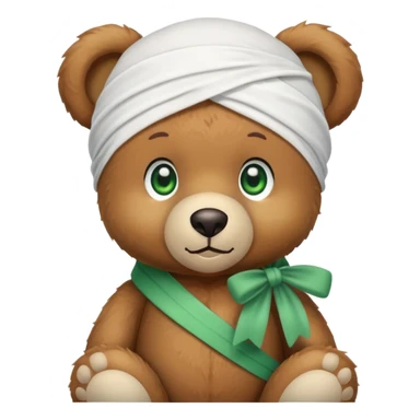 Cute brown teddy bear with innocent green eyes wearing a white wave durag perfectly tied, iOS emoji style sticker
