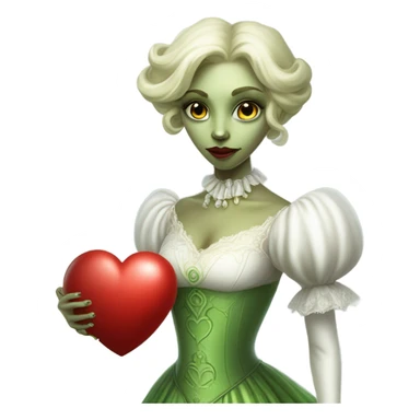 "galora green blonde alien woman" in white Victorian dress elegant, full body holdig red big hearth sticker