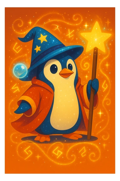 Make the penguin wizard even more magical by adding glowing runes, swirling sparkles, a floating crystal orb, and a shimmering magical aura around the staff and hat, keeping the whimsical style. sticker