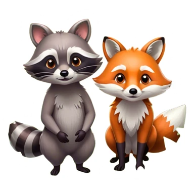 Collage of a raccoon and a fox, in close-up, set in a beautiful forest with tall trees, green bushes, and sunlight filtering through the leaves and flowers. Both animals look curious and playful. A vibrant, wild atmosphere with a transparent background. sticker