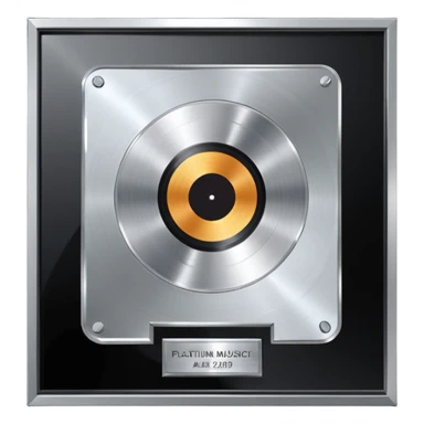 A platinum music award plaque: a square, polished platinum plate with a subtly textured, mirror-like finish, mounted on a simple dark metal base. The center features a relief of a or stylized vinyl record in a slightly darker metallic tone.  sticker