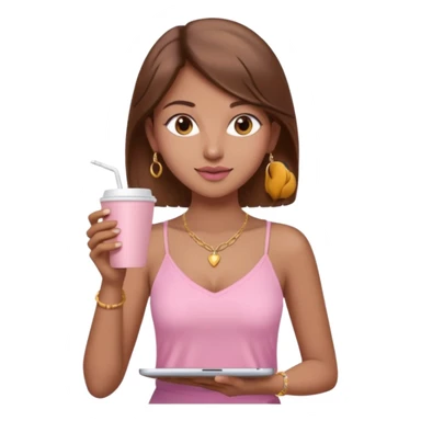a pretty fair indian bratz girl with brown hair. with a pink cami top, drinking takeaway brown coffee, golden dainty necklace and carrying a white macbook sticker
