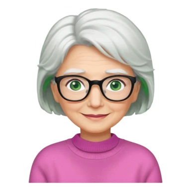 White hair grandma, green eyes, hair to shoulder, lokeg black glasses, rectangles face, smile , sticker