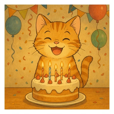ginger tabby kitten with birthday cake, festive decorations, happy expression, ghibli style birthday scene sticker