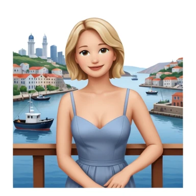 jennifer lawrence, closeup portrait , leaning on a balcony with a harbor and cityscape in the background, smiling sticker