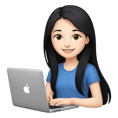 girl with long black hair smiling while typing on laptop sticker