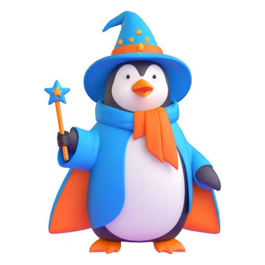 wizard penguin with a blue robe and starry hat sticker