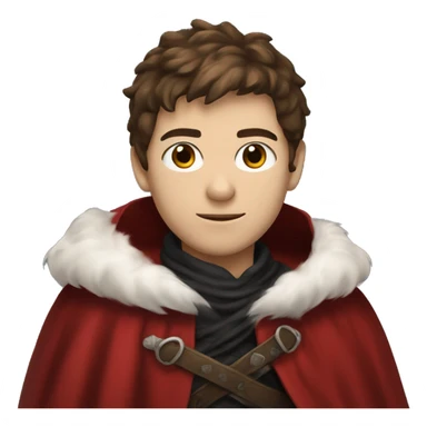 A young swordsman with messy brown hair wearing a red cloak with white fur, as well as a black scarf wrapped around his neck sticker