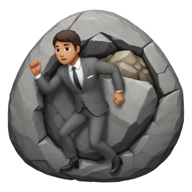 a man in a suit  pushing a huge rock sticker
