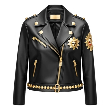 Dolce and gabanna brand Cropped leather jacket for women with 10k gold and metallic chrome edgy style embellishments. 8k, 5000x5000px, 3D rendering, realistic, isolated still life, no emoji faces no emoji icons no human figures  sticker