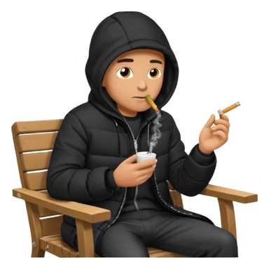 A man sitting on a chair, wearing a black puffed coat with hood, hands in his pocket, smoking a cigaret, he is on a chair, the chair is an outside coffe terrasse chair sticker