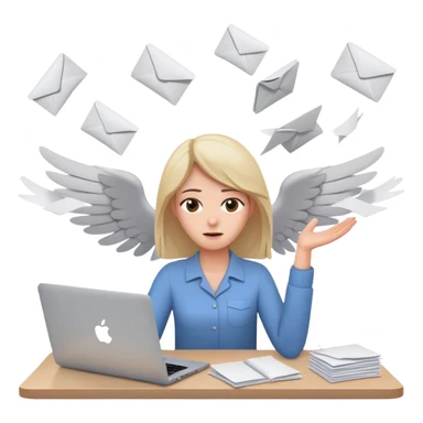 tired woman sitting at a desk with a MacBook, holding her arms out to the side, surrounded by flying papers sticker