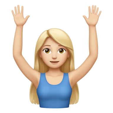 I want a white female animated gif emoji with long straight blonde hair putting hands up in the air. Wearing a tight no sleeve top  sticker