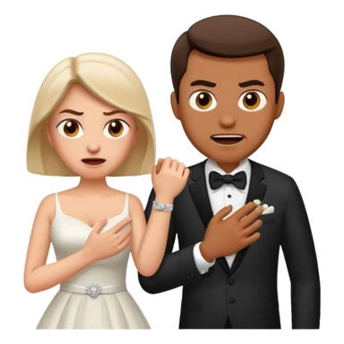 a man angrily moving his wife out the way she looks satisfied sticker