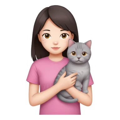 Chinese girl with dark brown half long hair wearing pink t shirt holding a British shorthair cat sticker