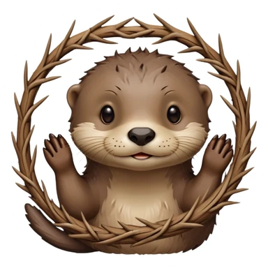 cute otter portrait with thin horizontal thorny branch circling only the forehead, exactly like Jesus Christ's Crown of thorns, no crown shape on top, no metal, just a single wooden thorny stem wrapped horizontally sticker
